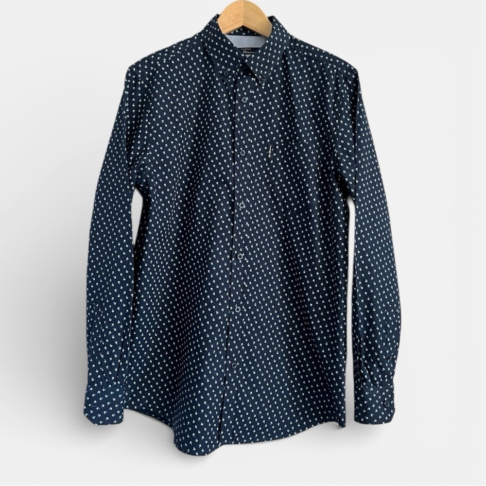 Ben Sherman Dark Blue Patterned Collared Button Down Shirt Medium